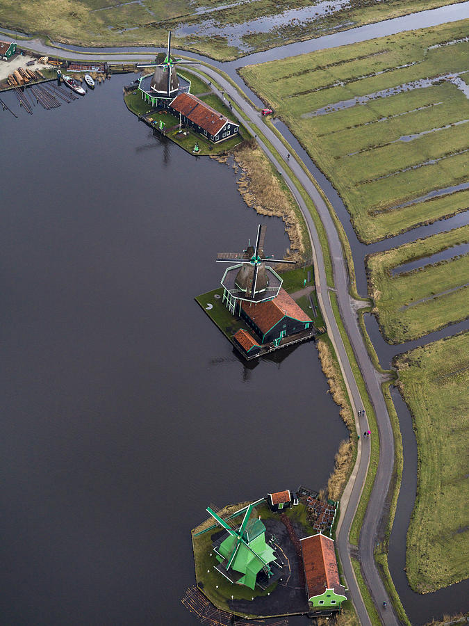 Aerial of Zaanse Schans windmills in Amsterdam Photograph by Nisian Hughes