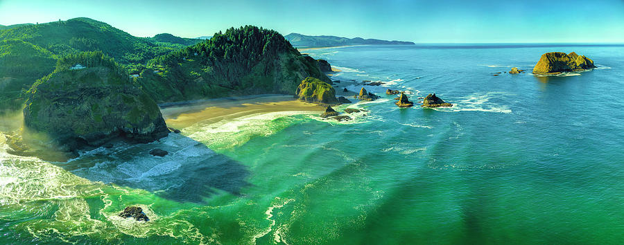 Aerial 3-photo pano hovering over the ocean of Short Beach and 3 Arch Rocks, Oregon coast at Sunrise Photograph by Chris Anson