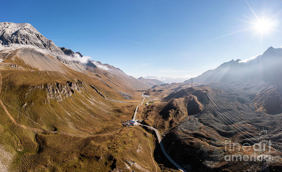 Aerial panorama of the Albula pass in the alps in Switzerland ...