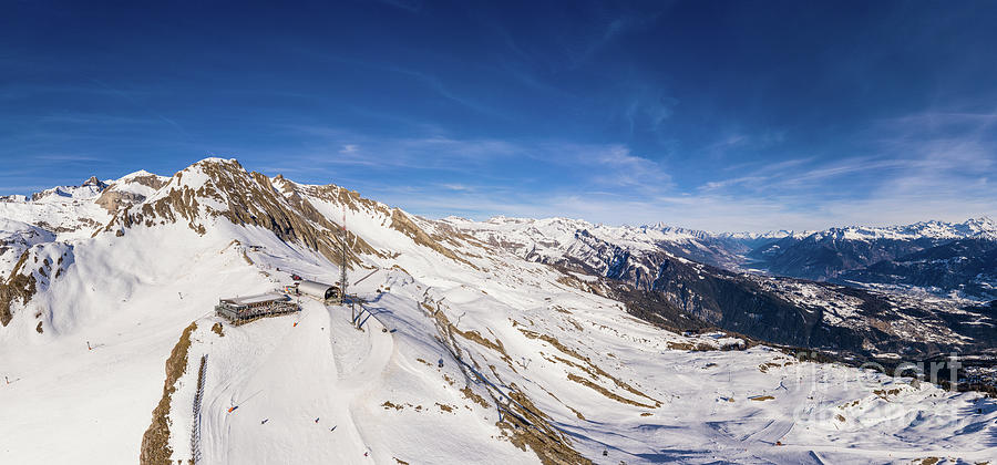 Aerial panorama of the Anzere ski resort in the alps, Valais, Sw ...