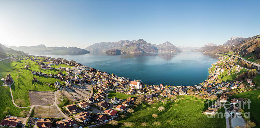Aerial panorama of the Beckenried village by lake Lucerne in Can Photograph by Didier Marti
