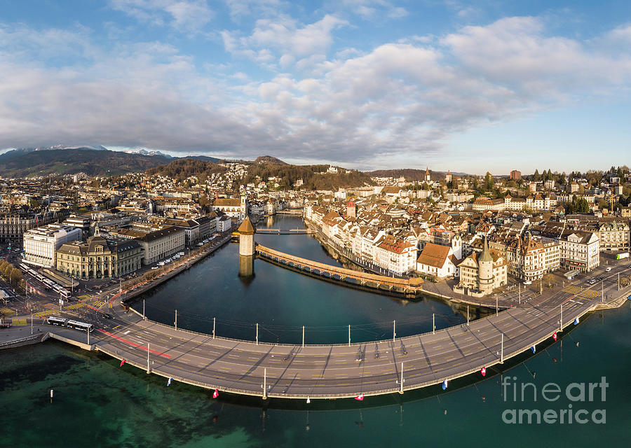 Aerial panorama of the famous Lucerne old town with the wooden C Photograph by Didier Marti