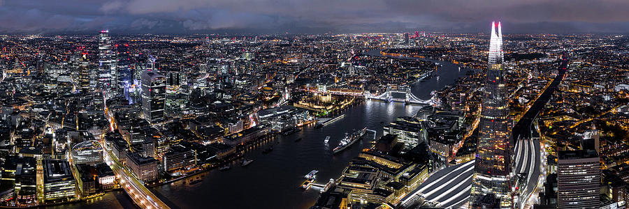 Aerial Panorama of the London Shard and Skyline at night Photograph by Sonny Ryse
