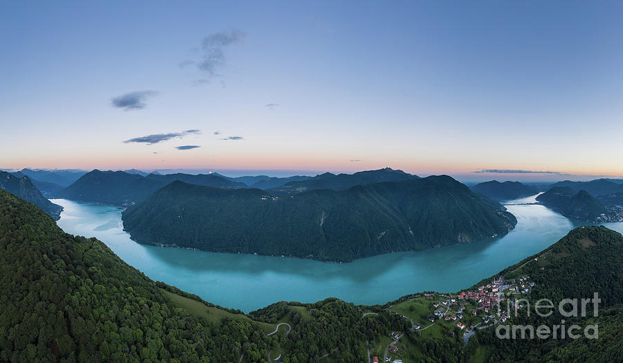 Aerial panorama of twilight over the lake Lugano in Canton Ticin Photograph by Didier Marti