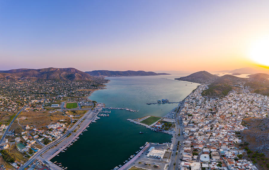 Aerial panoramic photo of the island of Salamis and the marina during sunset Photograph by D2020