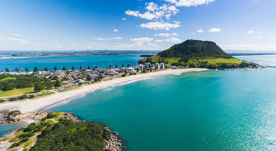 Aerial Panoramic view of Mt Maunganui coastline. Photograph by Nazar_ab
