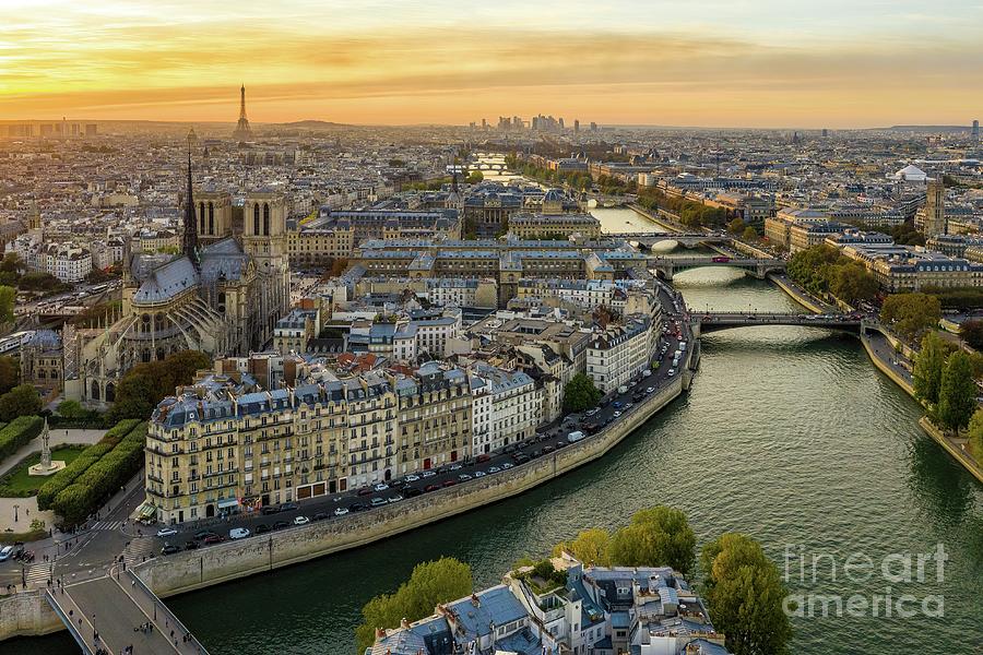 Aerial Paris Over the Seine at Sunset Notre Dame and Ile de la Cite Photograph by Mike Reid