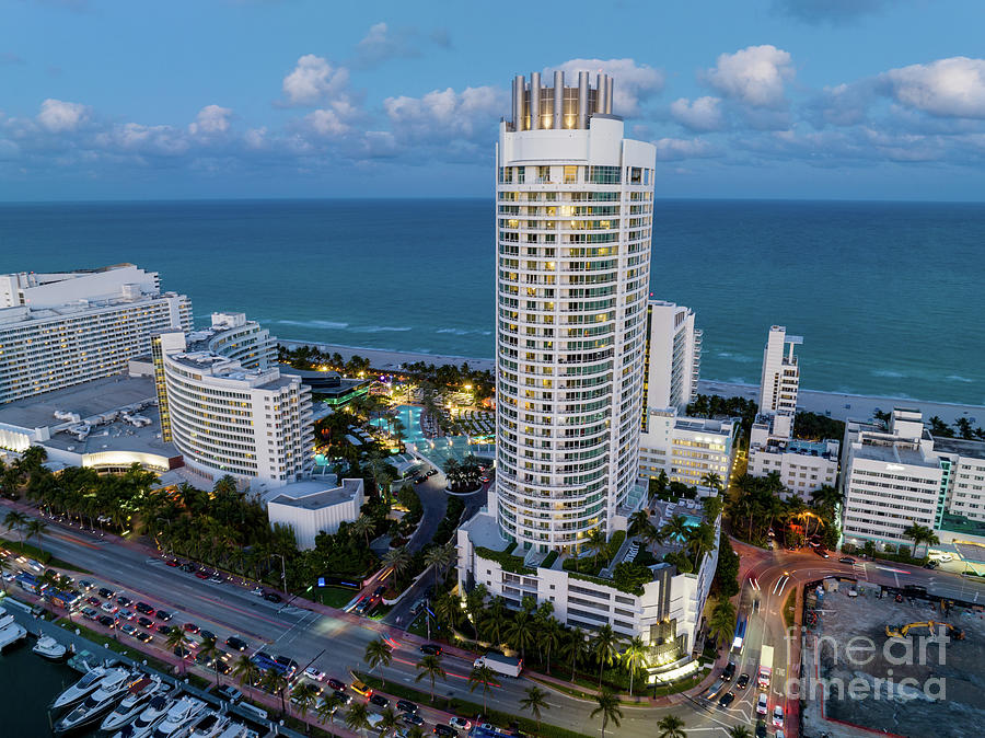 Miami Photograph - Aerial photo Fontainebleau Hotel Miami Beach at blue hour twilig by Felix Mizioznikov