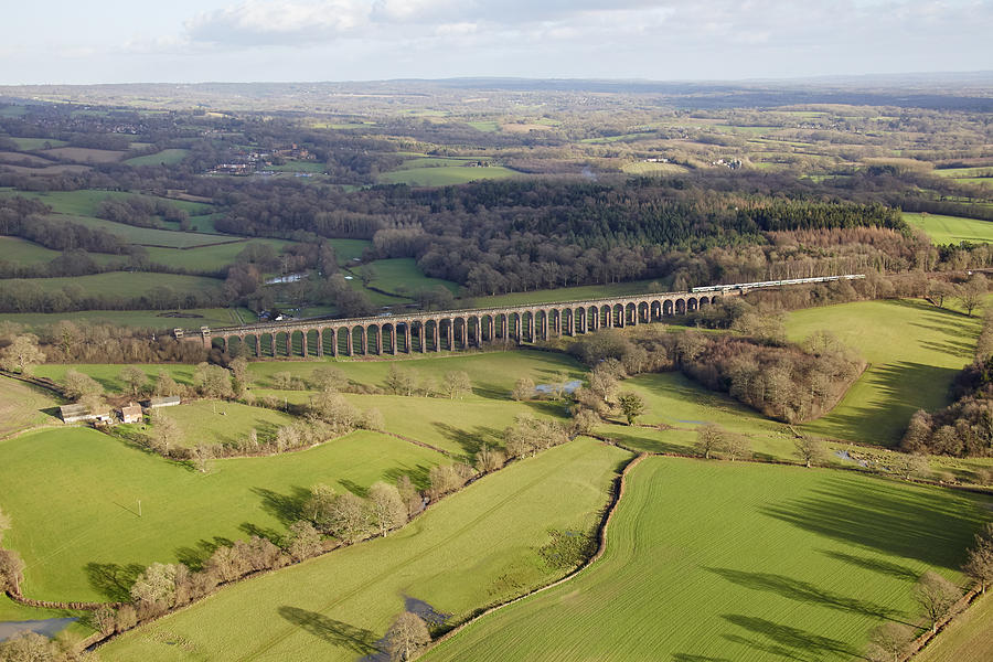 Aerial photography view east of a railway in Balcombe. Ardingly Haywards Heath RH17, UK. Photograph by Andrew Holt