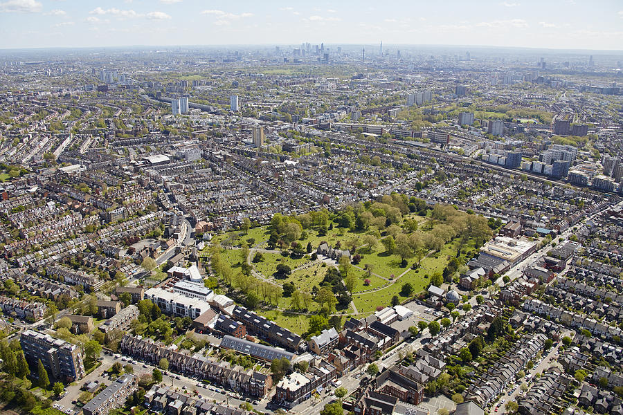 Aerial photography view east of Willesden Lane Cemetery, Kilburn. London NW6 7SD UK. Photograph by Andrew Holt