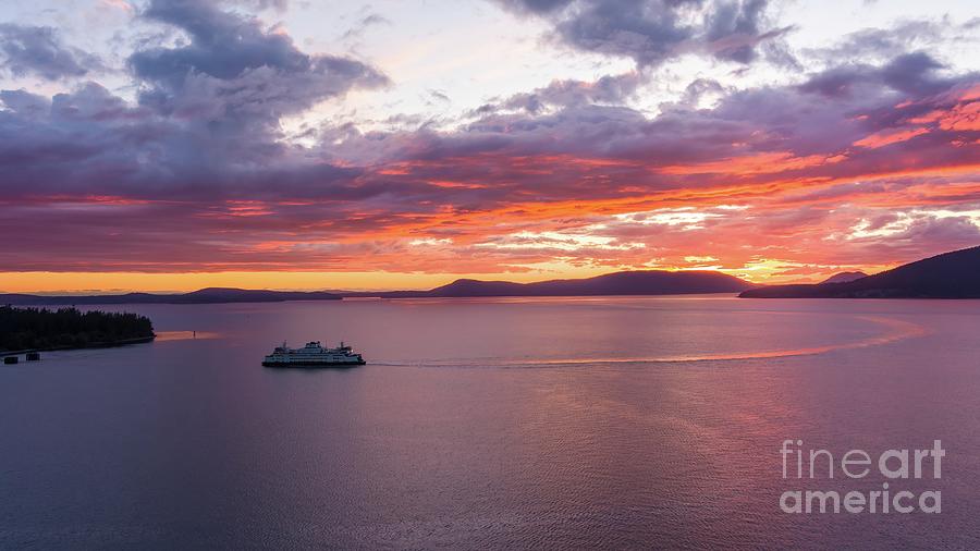 Aerial San Juan Island Ferry Into Anacortes Sunset Photograph by Mike Reid