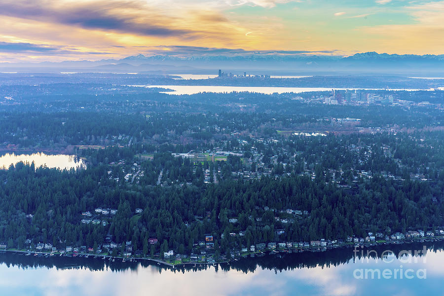 Aerial Seattle And Bellevue Skylines Across Lake Washington And Lake Sammamish Towards The Cascades Photograph