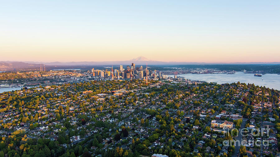 Aerial Seattle Puget Sound at Dusk Photograph by Mike Reid