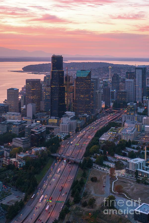 Aerial Seattle Skyline And Interstate 5 Photograph