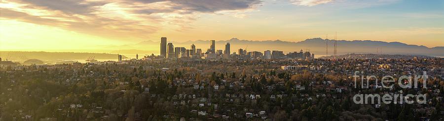 Aerial Seattle Skyline and Olympic Mountains Photograph by Mike Reid