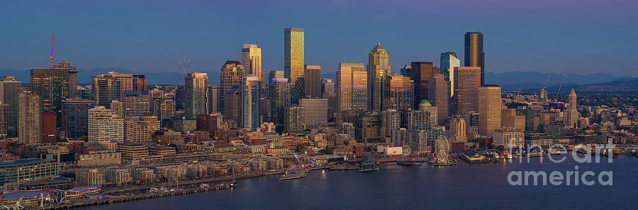Aerial Seattle Skyline Catching Sunset Light Panorama Photograph by Mike Reid