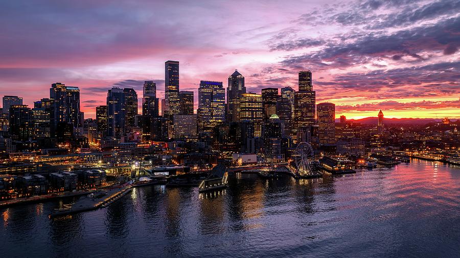 Aerial Seattle Waterfront At Dawn Photograph