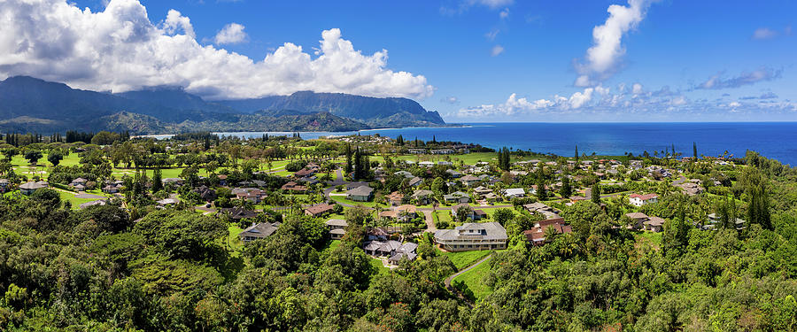 Aerial shot of Princeville with Hanalei Bay on north shore of ...