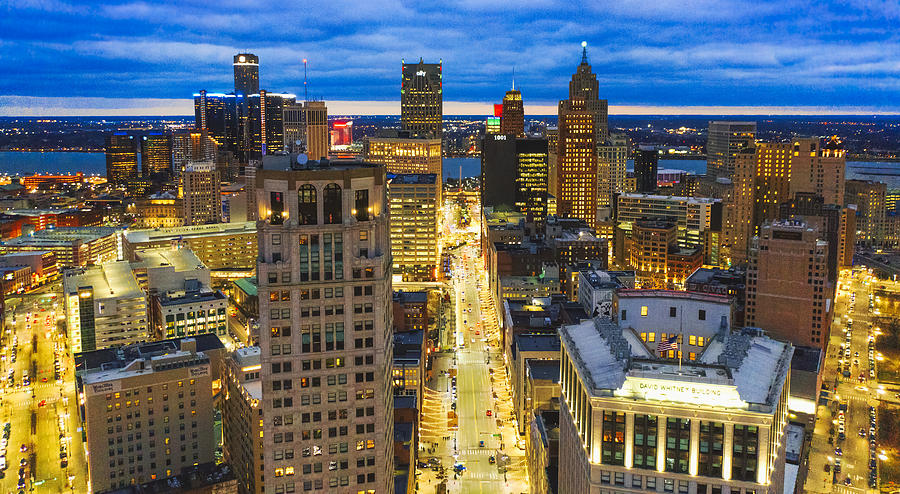 Aerial Skyline of Detroit downtown with Michigan at night Photograph by Pawel.gaul