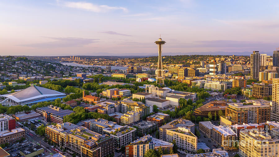 Aerial Space Needle and Climate Pledge Arena Photograph by Mike Reid ...