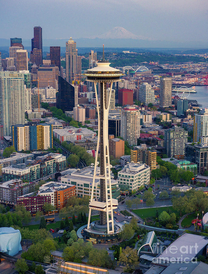 Aerial Space Needle Downtown Seattle and Rainier Photograph by Mike Reid