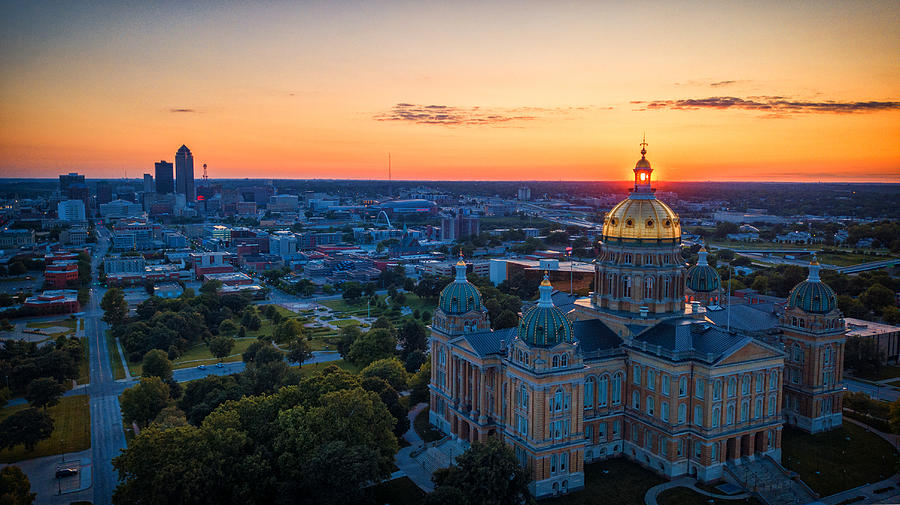 Aerial Sunset Through The Iowa Capitol Windows Photograph by Monte Goodyk