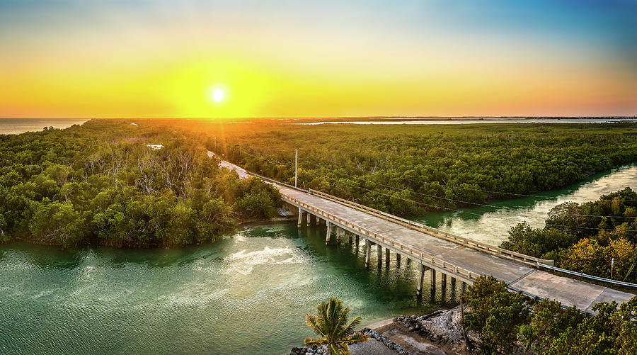 Aerial sunset with the bridge between Sugarloaf and Saddlebunch Keys Photograph by Mihai Andritoiu