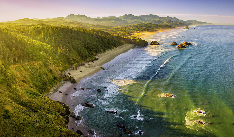 Aerial two-photo pano at golden hour-sunrise at 400ft above Crescent Beach on the Oregon Coast  Photograph by Chris Anson