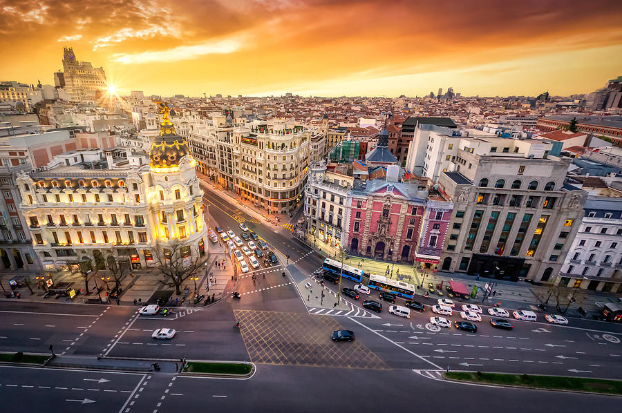 Aerial view and skyline of Madrid at sunset. Spain. Europe Photograph by Eloi_Omella
