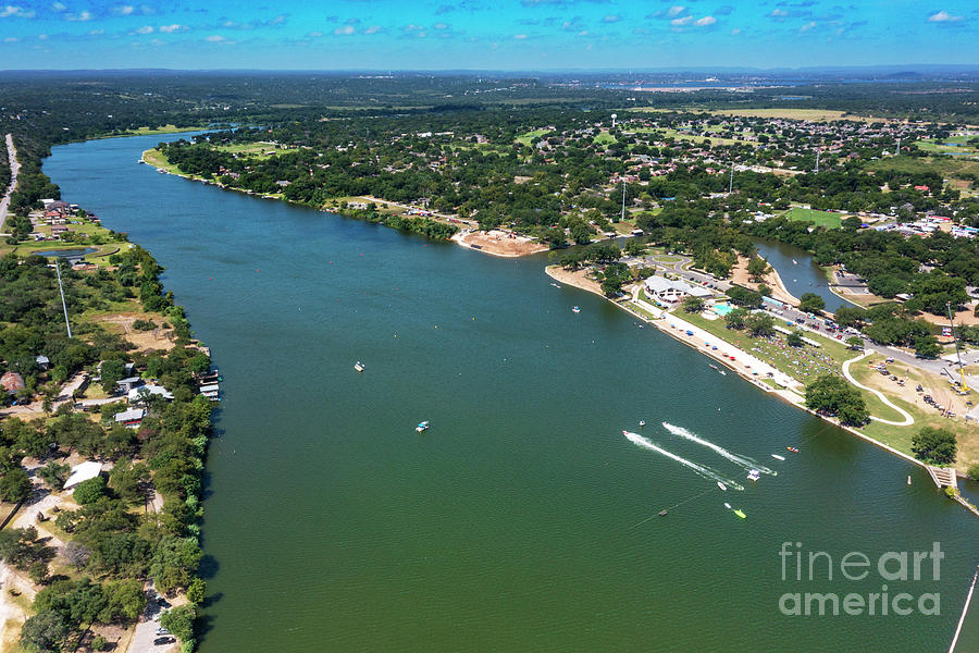 Boat Photograph - Aerial view as Drag boats race upto 200 miles per hour during the Marble Falls Lakefest in Marble Falls by Dan Herron