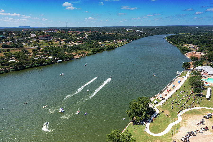 Aerial view as Drag boats speed down Lake Marble Falls during the drag