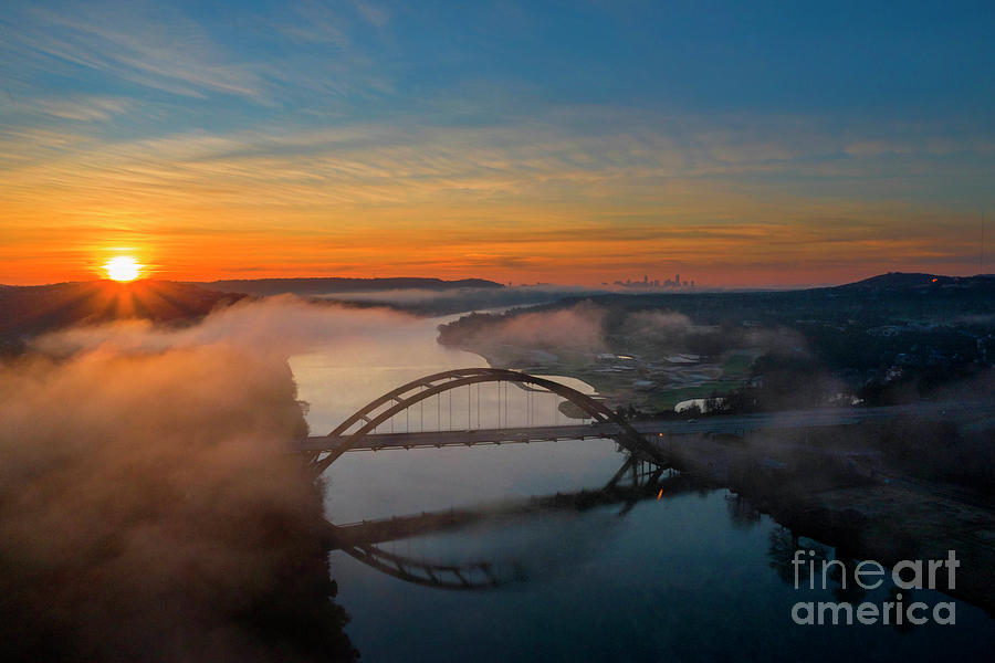 360 Bridge Photograph - Aerial view as the sun rises over the 360 Pennybacker bridge as steam rise below from Lake Austin by Dan Herron