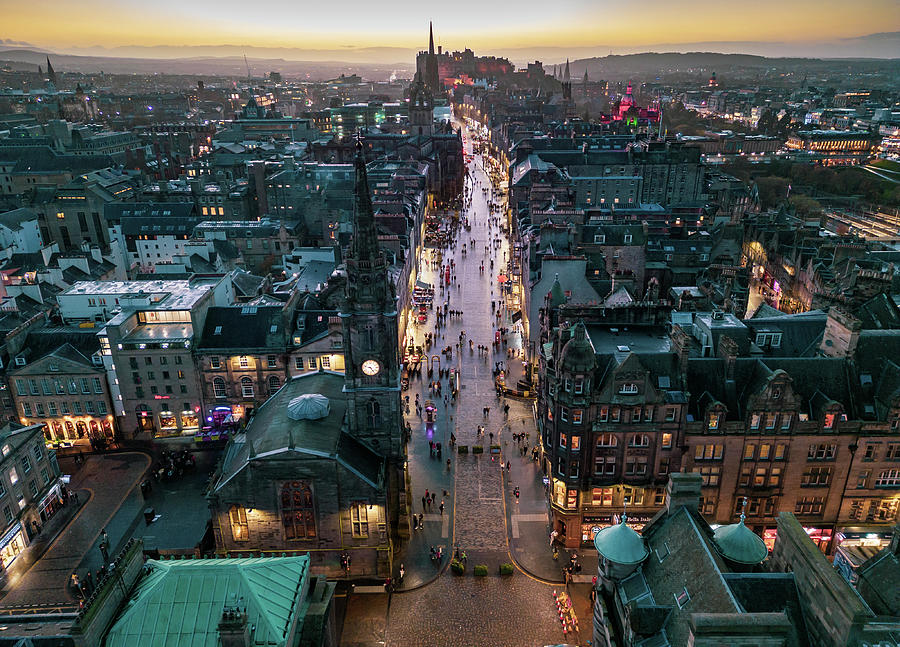 Aerial view at dusk of the Royal Mile or High Street in Edinburgh Old ...