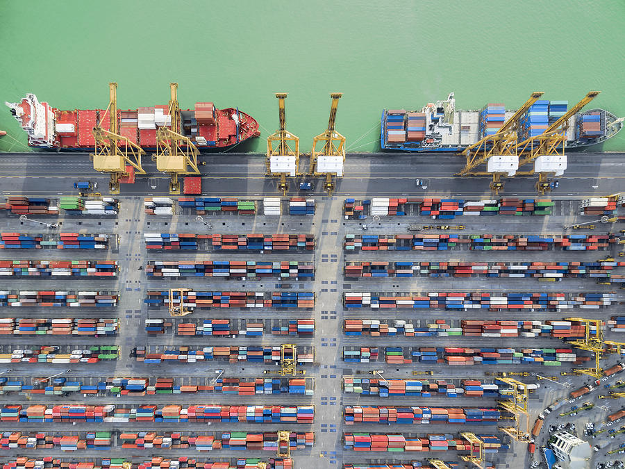 Aerial View Container Harbor With Crane , Top View . Photograph by Anucha Sirivisansuwan