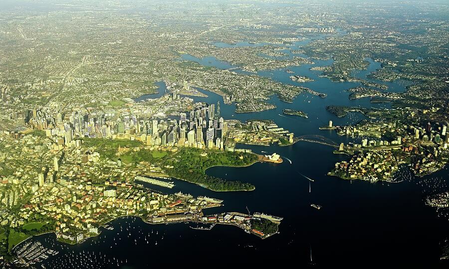 Aerial View of Coastal City Skyline Photograph - Aerial View downtown Sydney and Sydney Harbour by Steven Ralser