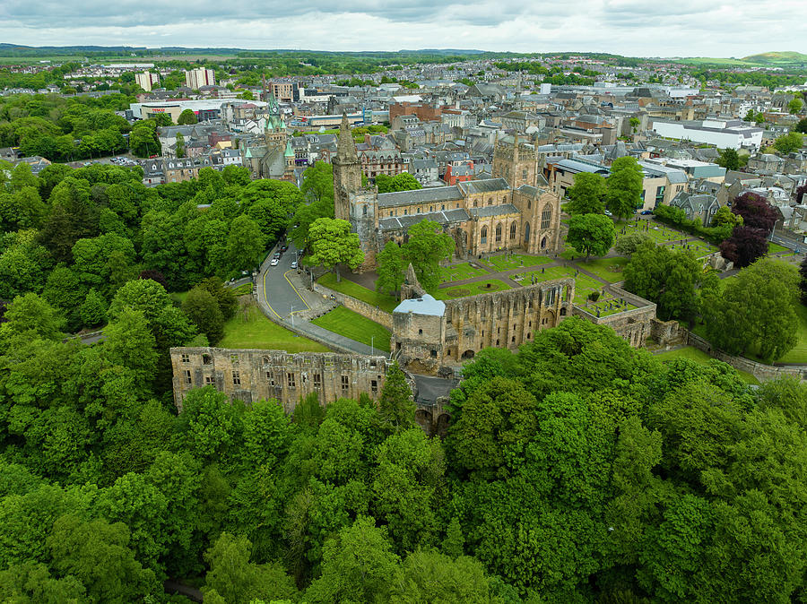 City Photograph - Aerial view from drone of Dunfermline Abbey and Palace ruins ,Dunfermline, Fife, Scotland by Brunswick Digital