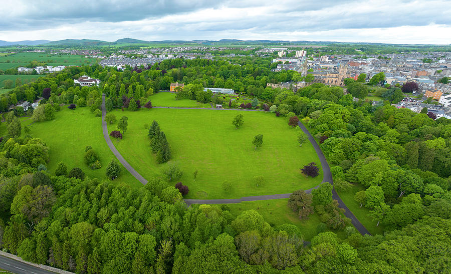 City Photograph - Aerial view from drone of Pittencrieff Park in Dunfermline, Fife, Scotland by Brunswick Digital