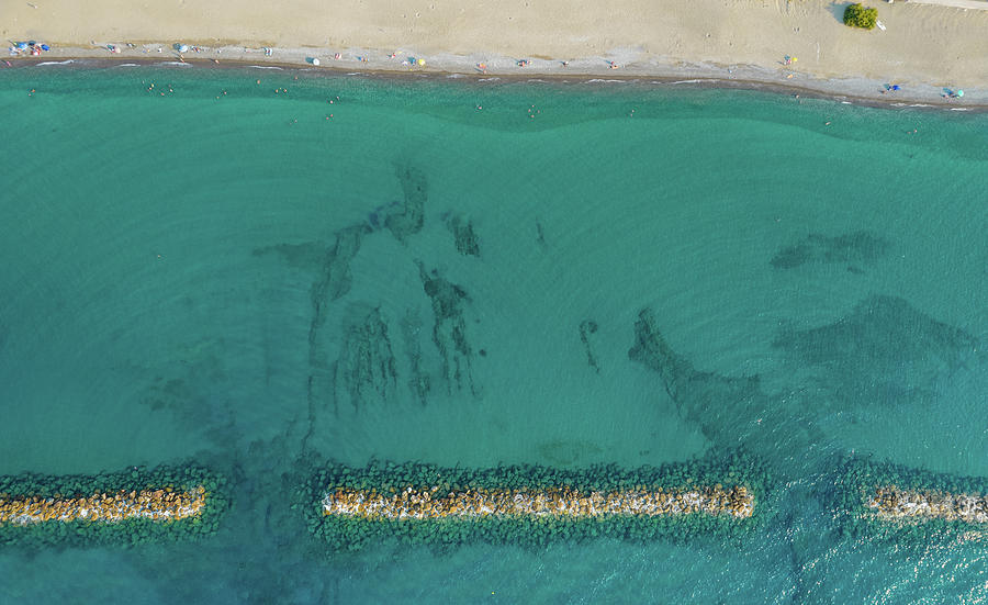 Aerial View From Flying Drone Of People Relaxing On The Beach. Paphos Cyprus Photograph