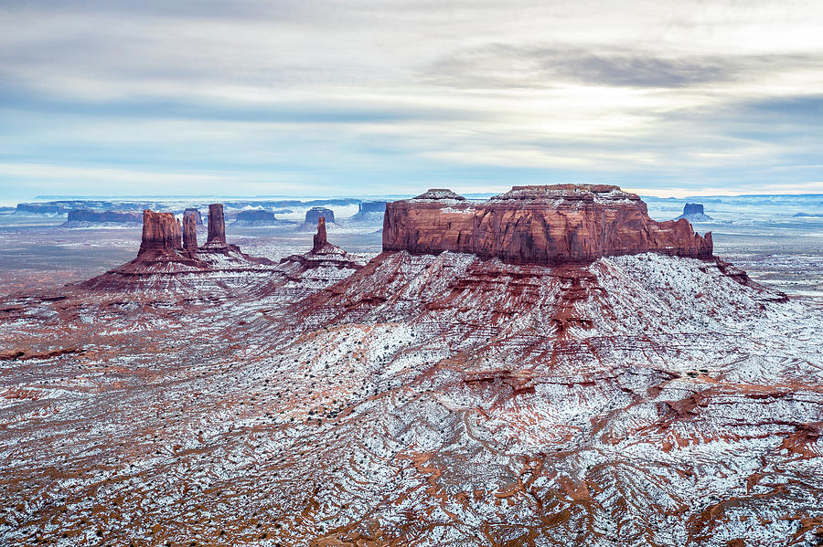 Aerial View Monument Valley Covered In Snow During Sunset Photograph
