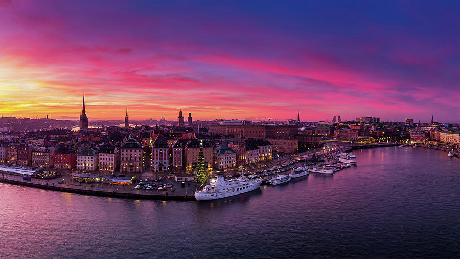 Fiery Photograph - Aerial view of a gorgeous sunset over the Stockholm Old City by Dejan Kostic Fiery Photograph - Aerial view of a gorgeous sunset over the Stockholm Old City by Dejan Kostic