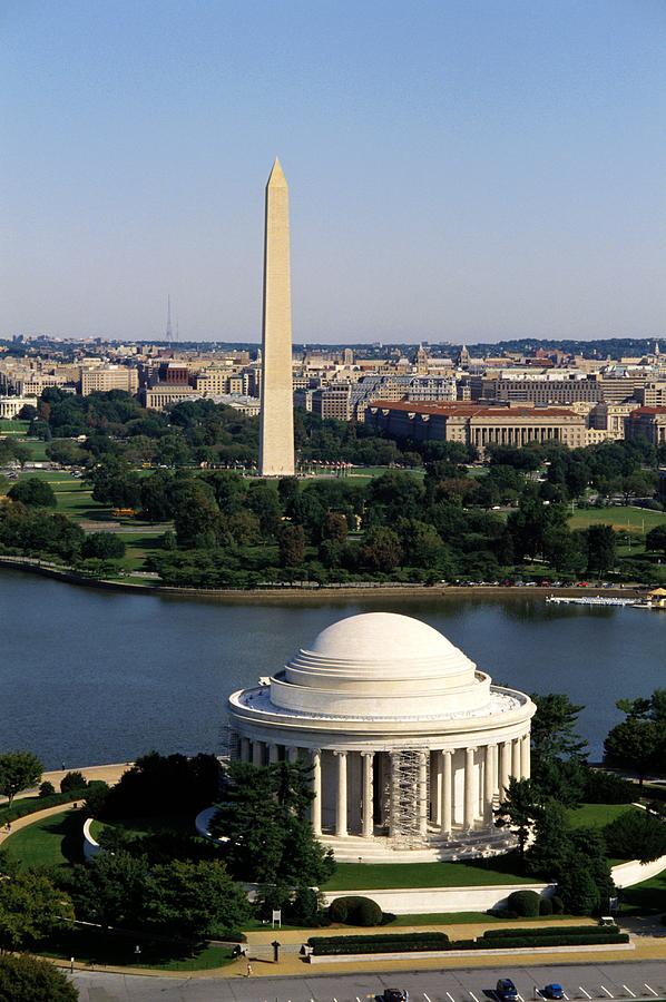 Aerial view of a government building, Jefferson Memorial, Washington Monument, Washington DC, USA Photograph by Glowimages