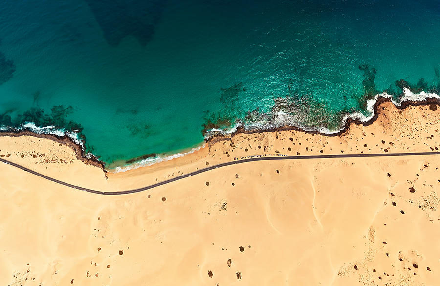 Aerial view of beach in Corralejo Park, Fuerteventura, Canary Islands Photograph by Rusm