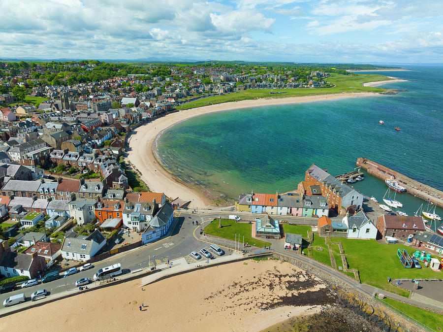 Aerial view of beaches on Milsey Bay and West Bay at North Berwick