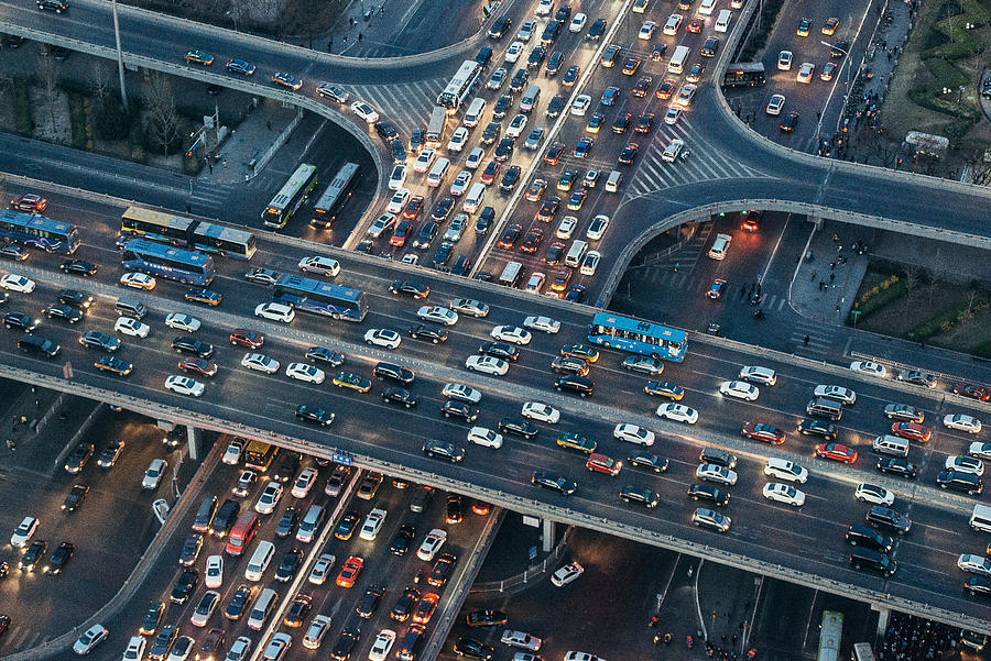 Aerial View of Beijing Traffic Jam at Dusk Photograph by AerialPerspective Works