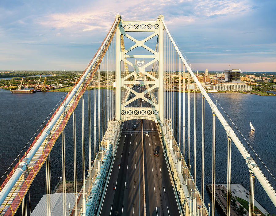 Aerial view of Ben Franklin Bridge and Camden, NJ Photograph by Mihai Andritoiu