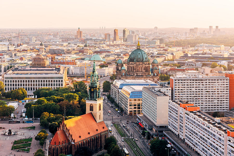 Aerial view of Berlin skyline at sunset Photograph by Alexander Spatari