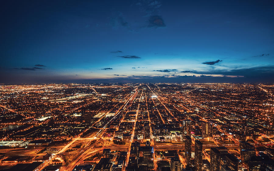 Aerial View of Chicago Skyline at Night Photograph by Easyturn