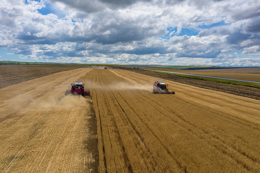 Aerial view of combine on harvest field Photograph by Mikhail Kokhanchikov