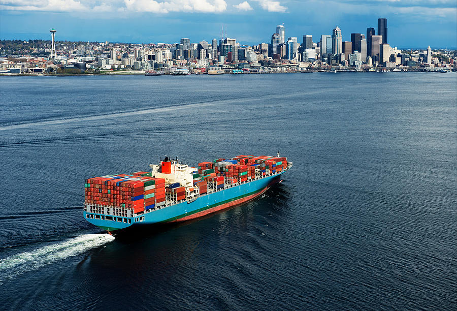 Aerial view of container ship, Seattle, Washington State, USA Photograph by Pete Saloutos