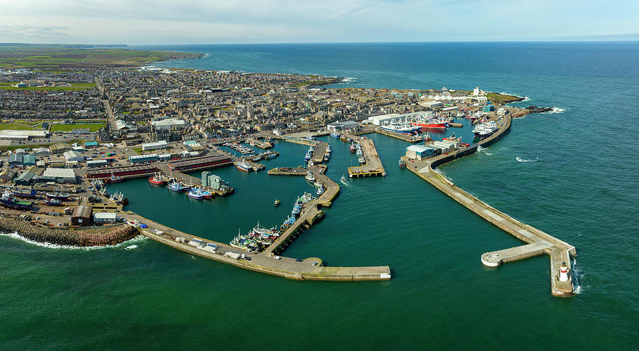 Aerial view of Fraserburgh fishing harbour in Aberdeenshire, Scotland ...